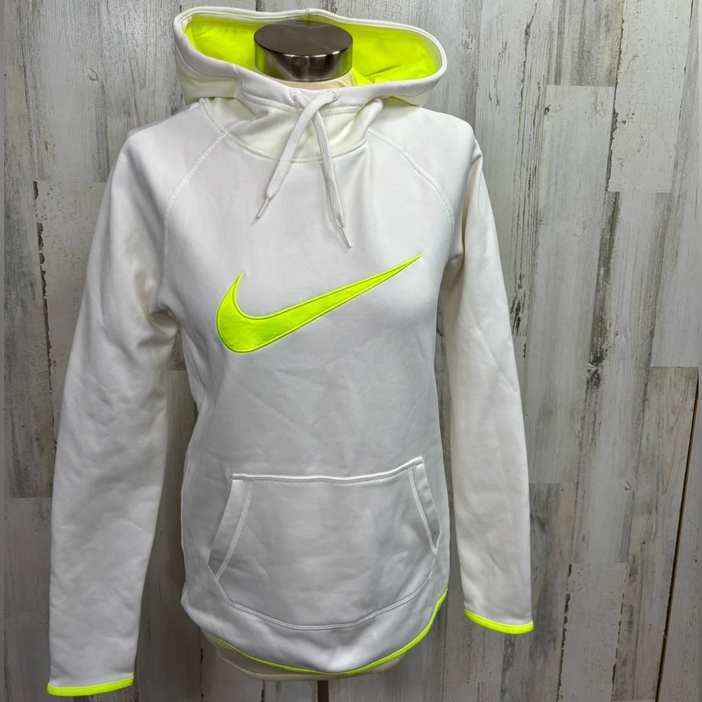 Nike Dri-Fit White Hoodie with Neon Yellow Swoosh‎